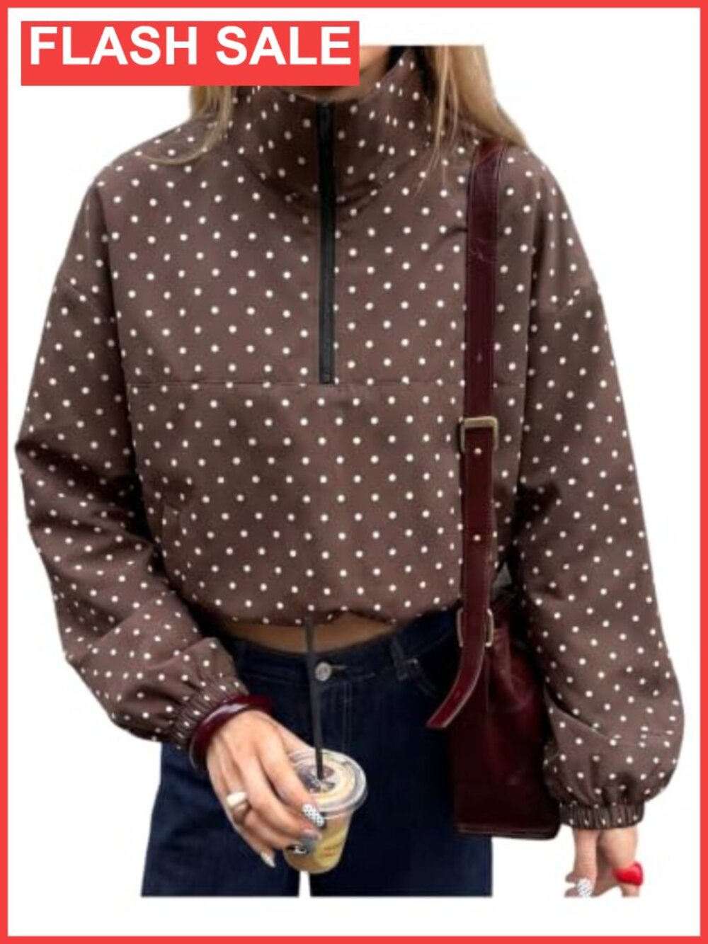 Women Polka Dot Cropped Funnel Neck Windbreaker Quarter Zip Oversized